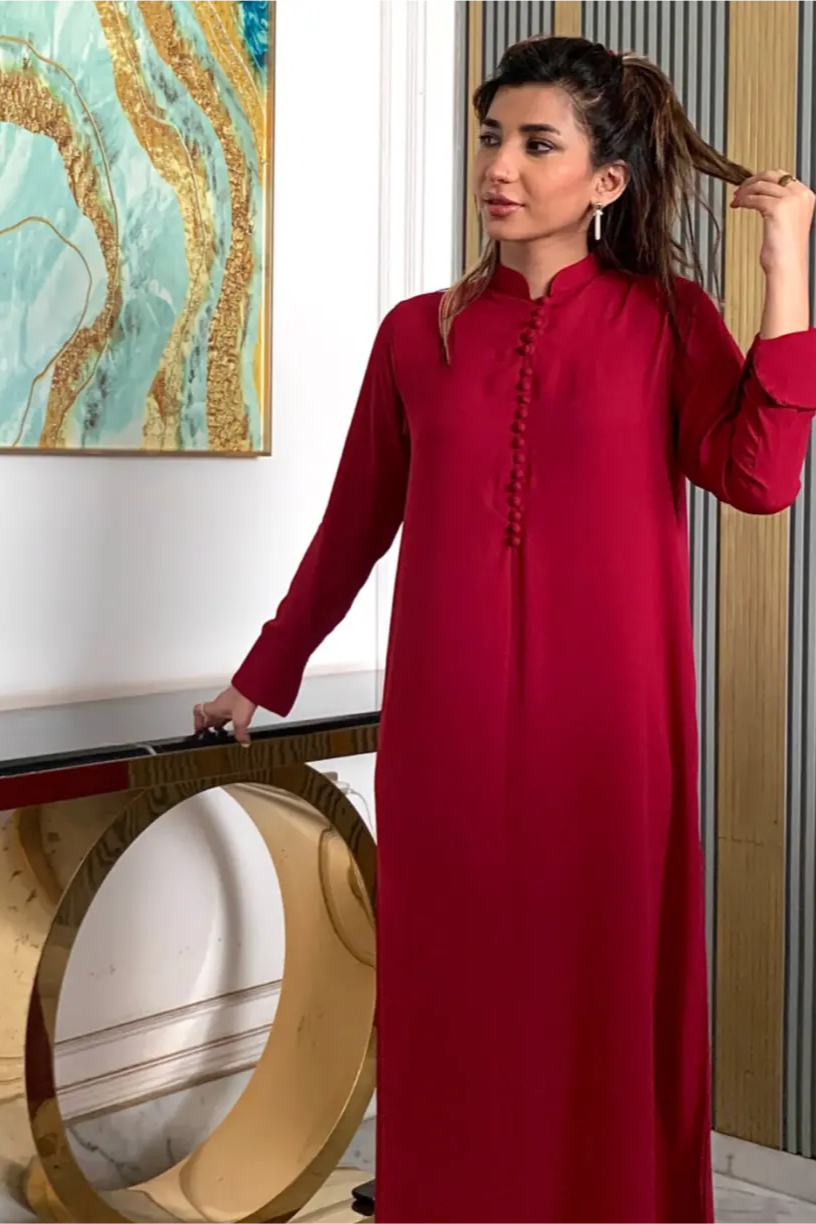 Manahils Stitched 2 Piece Tunic Blood Red Long Button Set