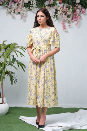 Sprinkles Stitched 1 Piece Summer Shirts Women Collection'2025-The Duo Yellow Allover Flover Print Short Sleeve Tunic Dress