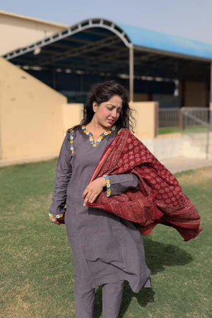 Urban Cut 2 Piece Yarn Dyed Cotton Chambray Suit with Mirror/Anchor work