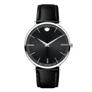 Movado Ultra Slim Black Leather Strap Black Dial Quartz Watch for Gents - Movado 0607086