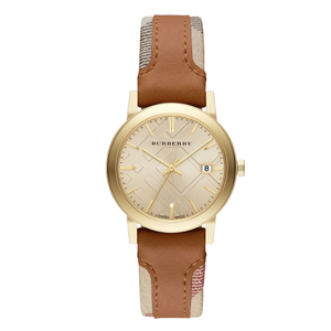 Burberry The City Brown Leather Strap Gold Dial Quartz Watch for Ladies - BU9133