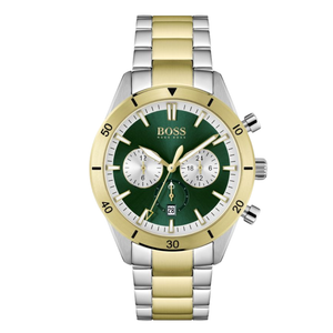 HUGO BOSS Santiago Two-Tone Stainless Steel Green Dial Chronograph Quartz Watch for Gents - 1513872