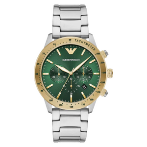 EMPORIO ARMANI Mario Silver Stainless Steel Green Dial Chronograph Quartz Watch for Gents - AR11454
