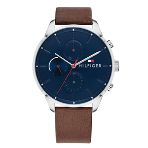 Tommy Hilfiger Chase Brown Leather Strap Blue Dial Chronograph Quartz Watch for Gents - 1791487