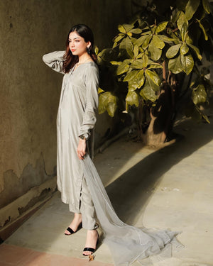 Zauk Stitched 3 Piece Collection-Grey Three Piece Dress