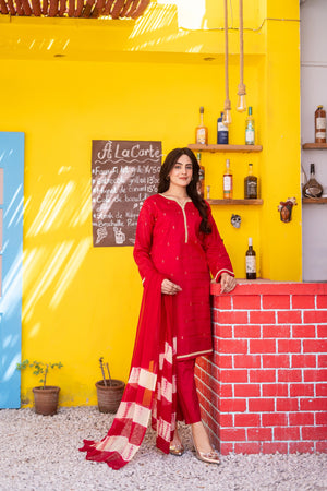 Dressline Ziya Premium Stitched 3 Piece Bindhi Broshia Lawn Suit With Chiffon Dupatta Al Umer Textile