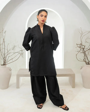 Zauk Stitched 2 Piece Collection-Sable Black Farshi Shalwar Set