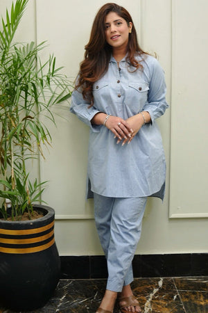 Urban Cut 2 Piece Cotton Chambray Embellished Co- Ord Set