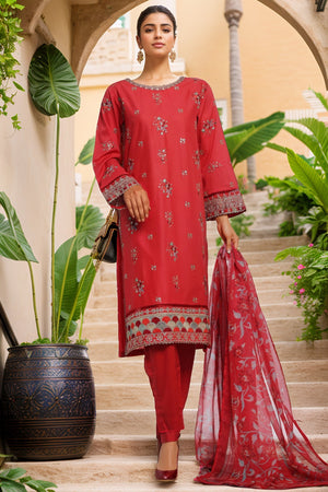 Bin Saeed Stitched 3 Piece Luxury Plain Cotton With Chiffon Dupatta Collection'2025-SMPC-2077-Red