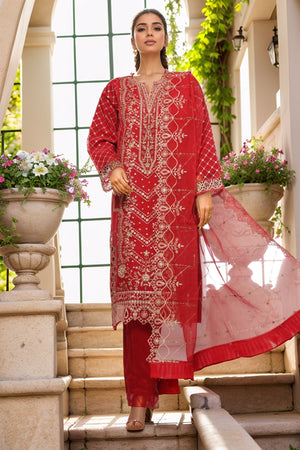 Bin Saeed Stitched 3 Piece Luxury Emb Organza Collection'2025-OWS-1588-Red