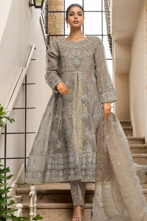 Bin Saeed Stitched 3 Piece Luxury Emb Organza Frock Collection'2025-OWS-1832-Grey