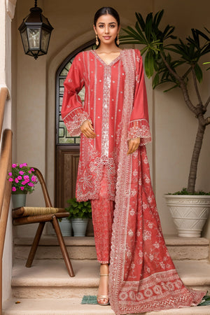 Bin Saeed Stitched 3 Piece Luxury Plain Cotton With Printed Back Vol-02 Collection'2025-NSM-2235-Rust
