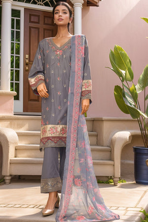 Bin Saeed Stitched 3 Piece Plain Cotton with Emb Trouser Collection'2025-SMPC-1975-Grey