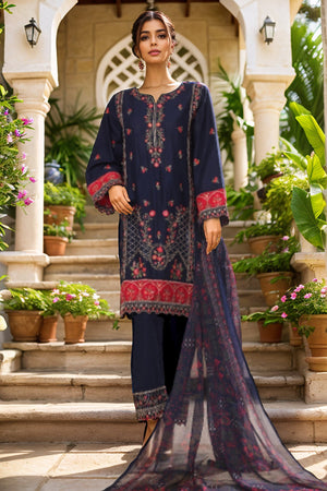 Bin Saeed Stitched 3 Piece Plain Cotton with Emb Trouser Collection'2025-SMPC-1976-Blue