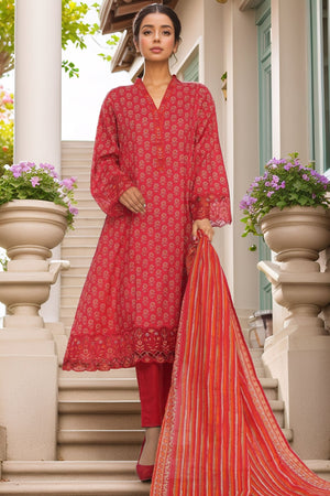 Bin Saeed Stitched 3 Piece Emb Lawn Frock Vol-03 Collection-SM-1637-Red