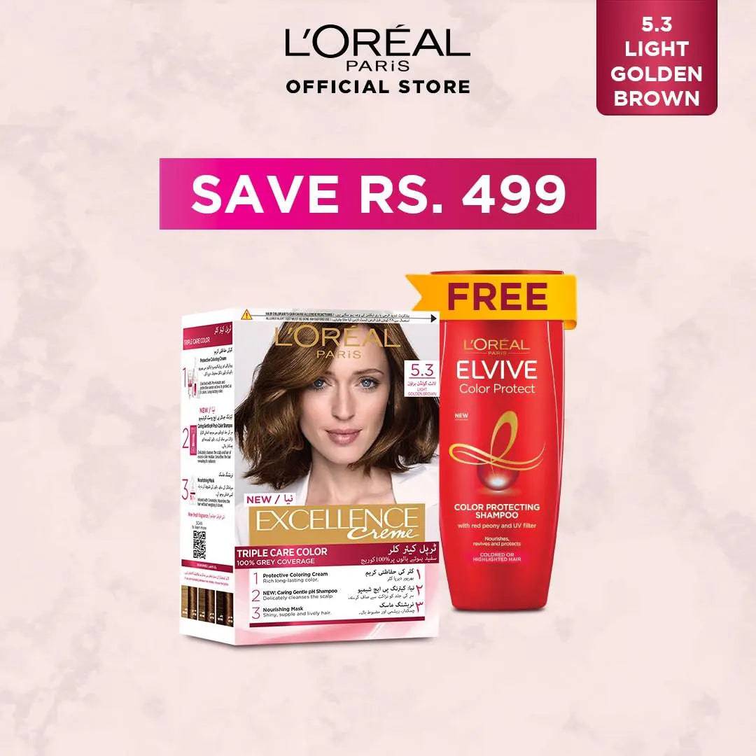Bundle - L'Oreal Paris Excellence Creme - 5.3 Golden Light Brown Hair Color + Free Shampoo - My Store