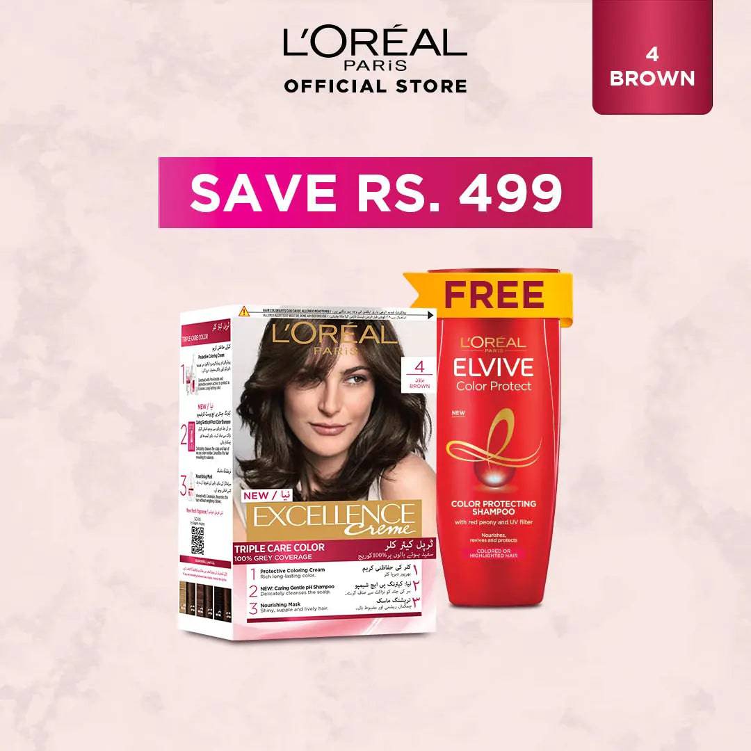 Bundle - L'Oreal Paris Excellence Creme Hair Color, 4 Brown + Free Shampoo - My Store
