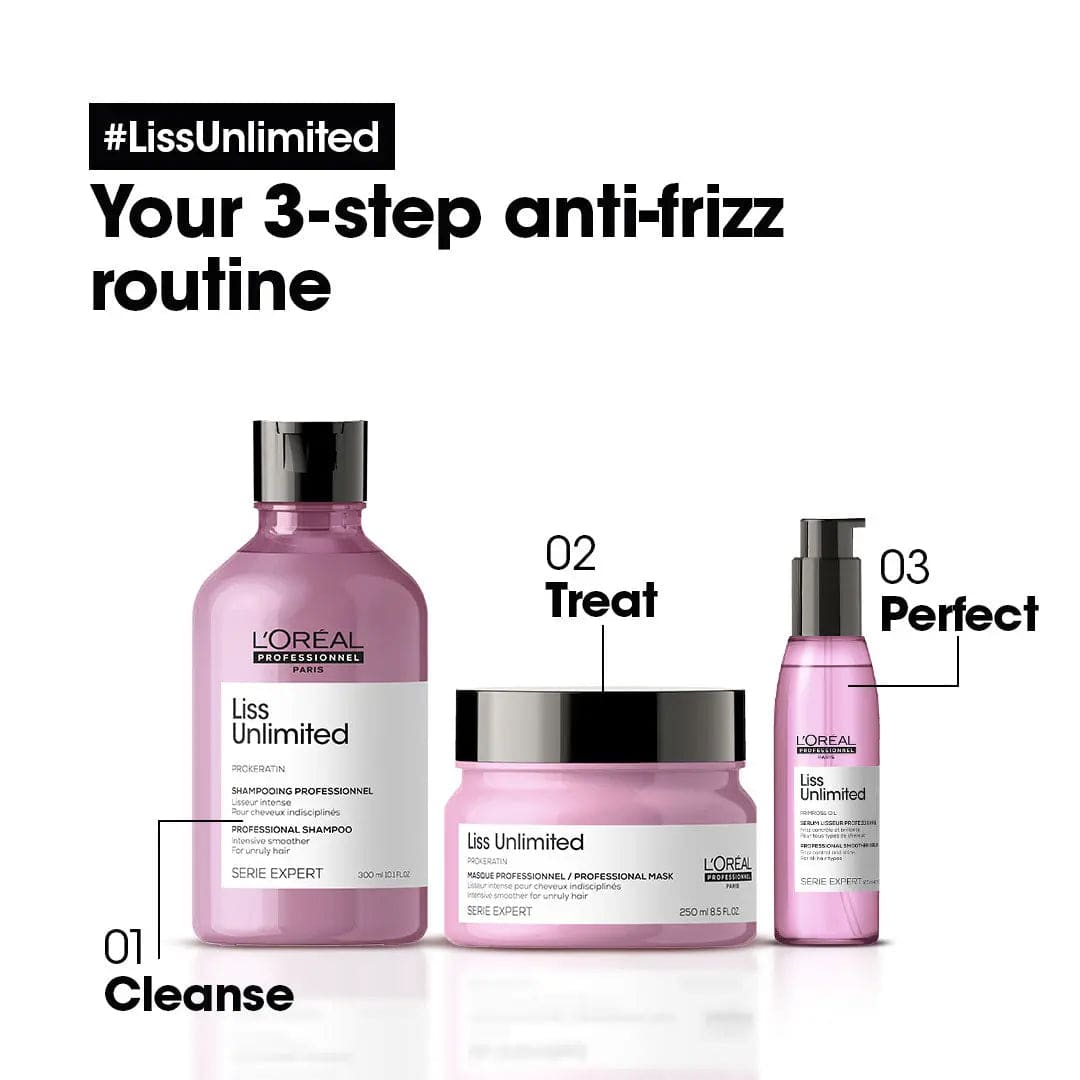 Bundle - L'Oreal Professional - Serie Expert Liss Unlimited Mask 250 ML + L'Oreal Professional - Serie Expert Liss Unlimited Shampoo 300 ML + L'Oreal Professional - Serie Expert Liss Unlimited Shine Perfecting Blow Dry Hair Oil 125 ML - My Store