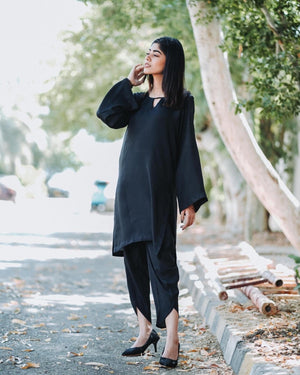 Zauk Stitched 2 Piece Collection-Black Two Piece Dress