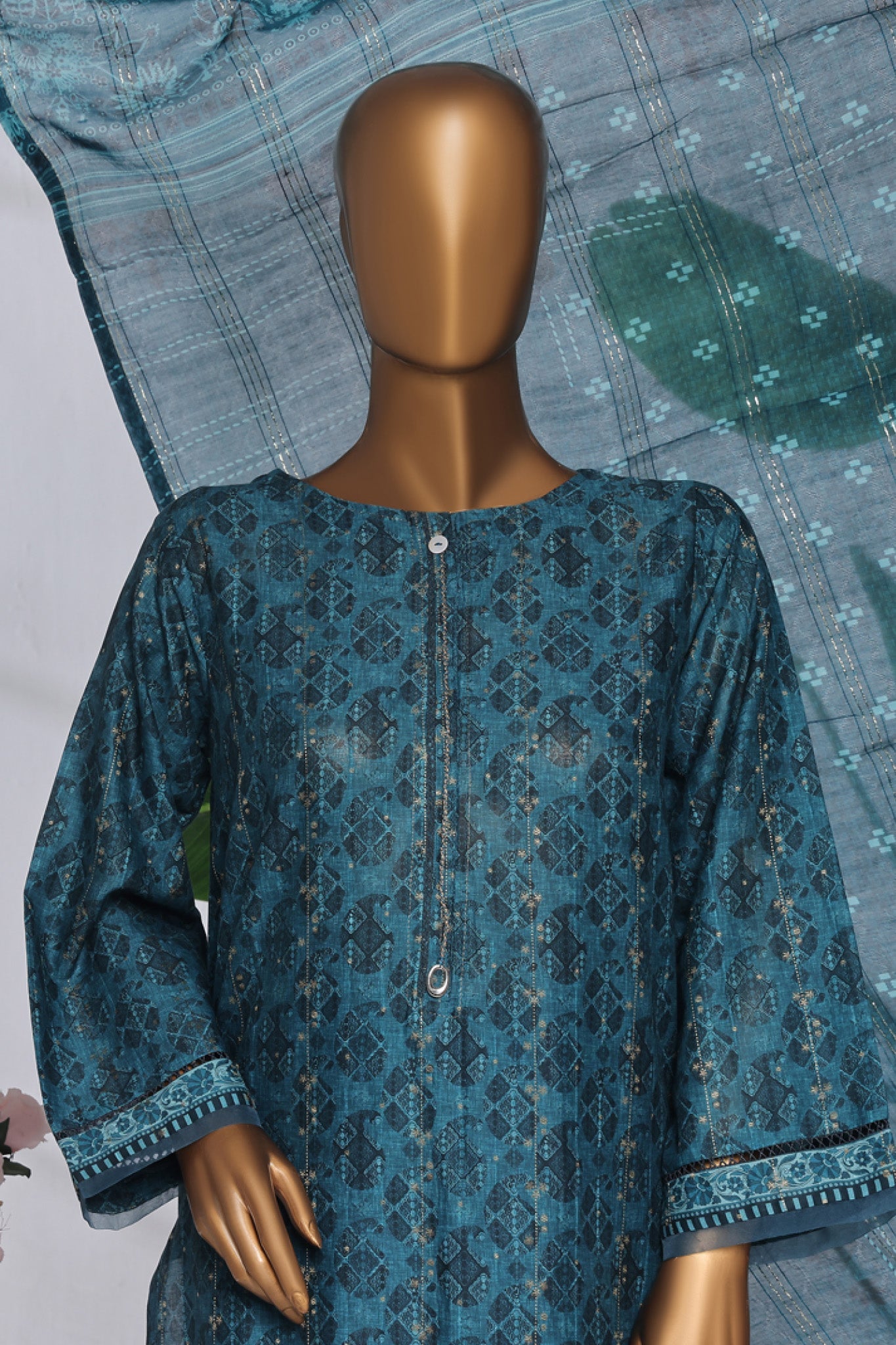 Damask By HZ Stitched 3 Piece Prints Jacquard Collection'2025-DPJ-034-Turquoise