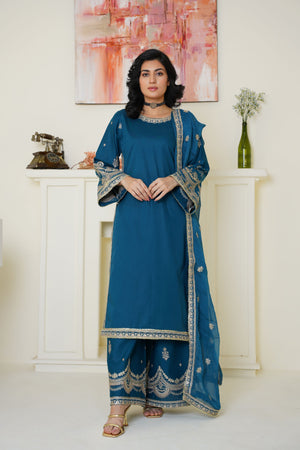 Threads & Weaves Elegant Teal Blue Embroidered Lawn 3-Piece Suit