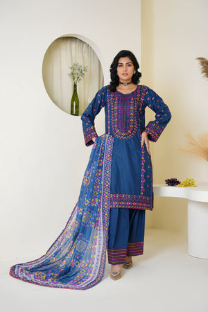 Threads & Weaves Royal Blue Embroidered Lawn 3-Piece Suit