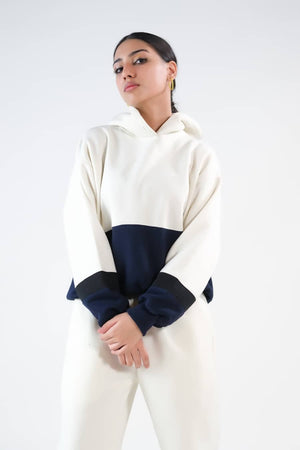 Sprinkles Stitched 2 Piece Winter Co Ord Sets Women Collection'2025-Stripy Ecru/Navy Blue - 2pcs?Co-Ord?Set