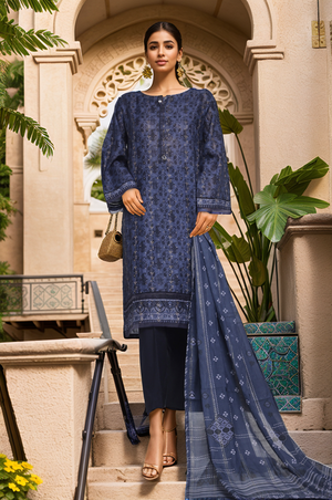 Damask By HZ Stitched 3 Piece Prints Jacquard Collection'2025-DPJ-035-Blue