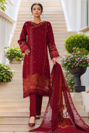 Sheer By HZ Stitched 3 Piece Emb Khaddi Net Formals Collection'2025-HZK-227-Maroon