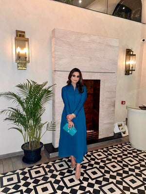 Manahils Stitched Teal Blue Button Set Tunic