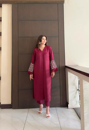 Manahils Stitched Burgundy Maroon Embroidered Tunic