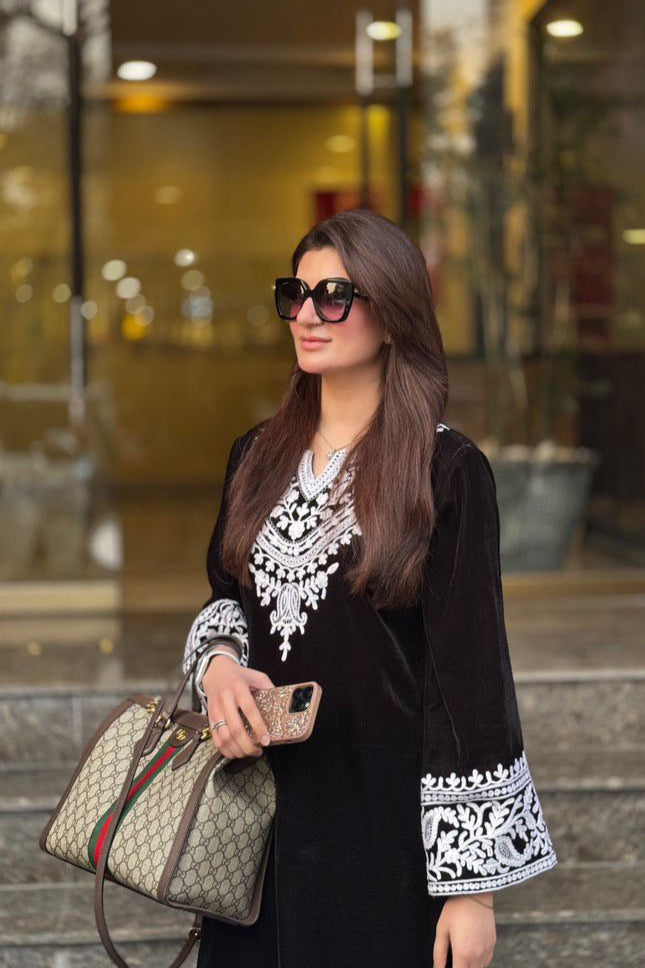 Manahils Stitched Black Embroidered Velvet Co-Ord (Pay Now)