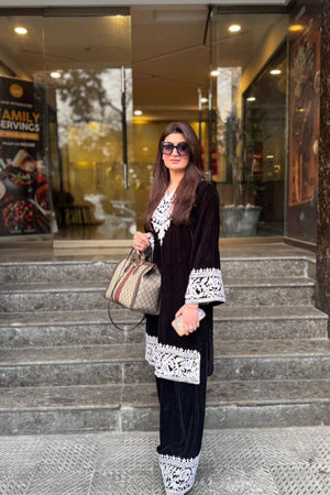 Manahils Stitched Black Embroidered Velvet Co-Ord (Pay Now)