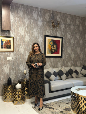 Manahils Stitched Khaki Brown Embroidered