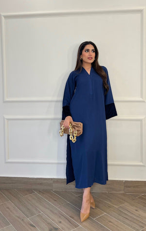 Manahils Stitched Co Ords Blue Long Set With Velvet Tunic