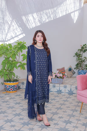 Umer Aayan Mahpara 03-Piece Embroidered Blue Chiffon Suit