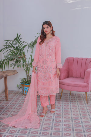 Umer Aayan Mahpara 03-Piece Embroidered Pink Chiffon Suit