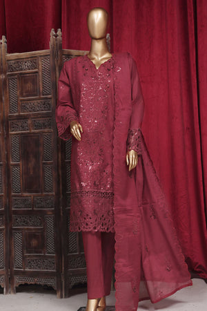 Bin Saeed Stitched 3 Piece Luxury Plain Emb Cotton Vol-03 Collection-PC-1808-Red