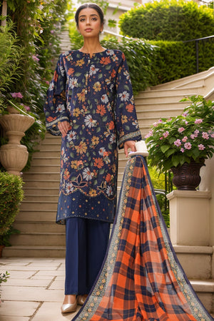 Intermix Thread & Needle By HZ Stitched 3 Piece Emb Cambric Collection'2025-POEL-3P-011-Navy Blue