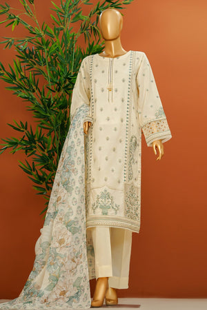 Muse By HZ Stitched 3 Piece Emb Cotton Slub Vol-01 Collection'2025-SSE-104-Cream