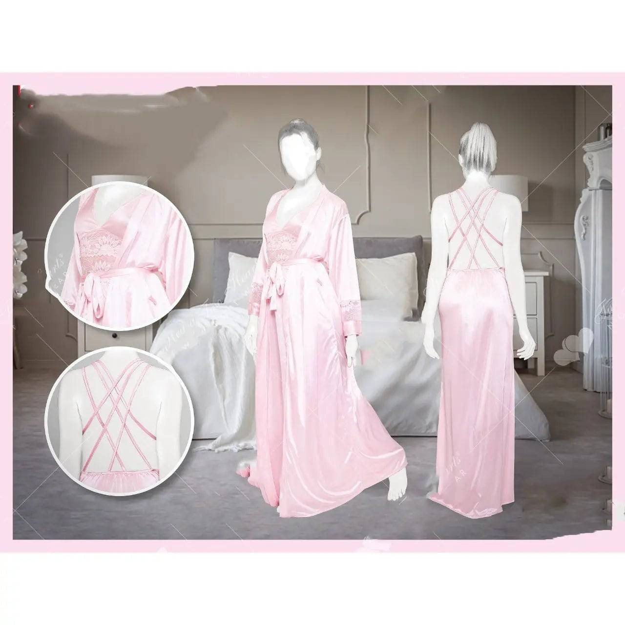 Sajiero 2 Piece Silk Nightwear Inner + Gown For Girls & Women a good quality pink color sexy nighty price in pakistan