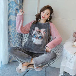 Sajiero Fleece Long Sleeve Pajama Suit Cat - My Store
