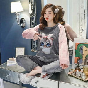 Sajiero Fleece Long Sleeve Pajama Suit Cat - My Store