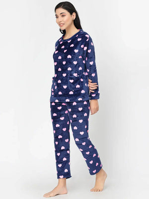 Sajiero Fleece Long Sleeve Pajama Suit Navy Blue - My Store