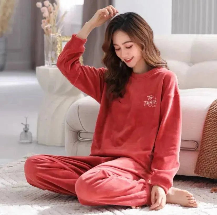 Sajiero Fleece Long Sleeve Pajama Suit Shaded Red - My Store
