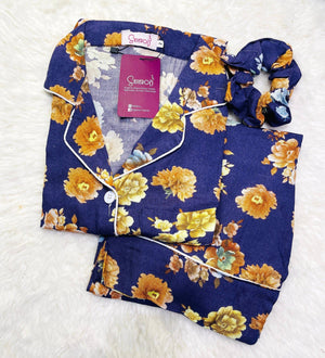 Sajiero Galaxy Boski Linen Floral Printed Pajama Suit Ash Purple - My Store