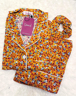 Sajiero Galaxy Boski Linen Floral Printed Pajama Suit Brown - My Store