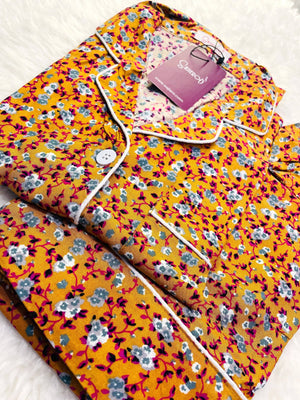 Sajiero Galaxy Boski Linen Floral Printed Pajama Suit Brown - My Store