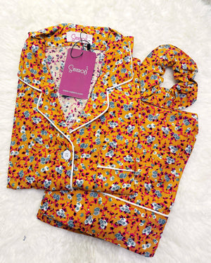 Sajiero Galaxy Boski Linen Floral Printed Pajama Suit Brown - My Store