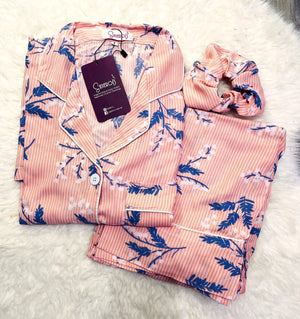 Sajiero Galaxy Boski Linen Floral Printed Pajama Suit Snow Pink - My Store